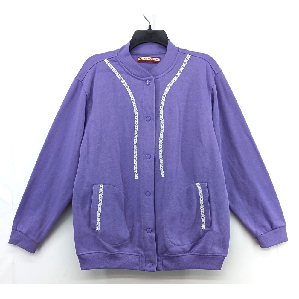Tudor Court Bomber Jacket Women Size XL Purple Pockets Snap Up Lace Accents VTG